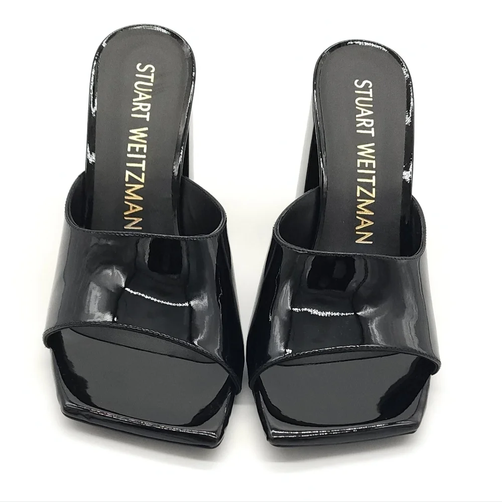 $525 Stuart Weitzman TIA 85 Flareblock Black Patent Open Toe Slide Size 8